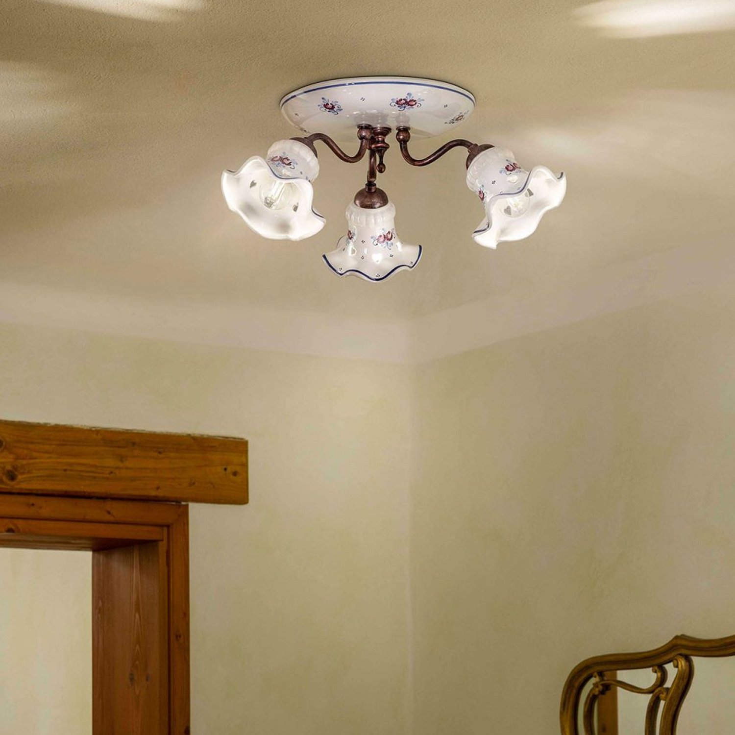 Plafoniera Classica Chieti Metallo E Ceramica Nero Sfumato Rame 3 Luci E14 C171-NR-17-DEC-PEO