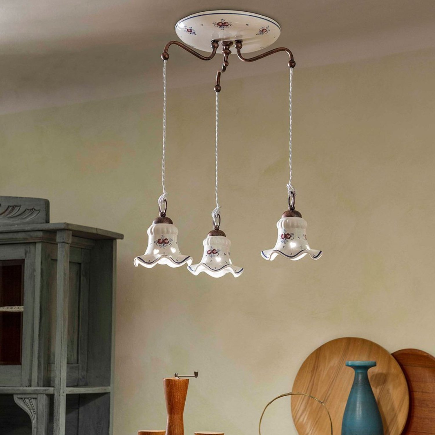 Lampadario Tondo Classico Chieti Metallo E Ceramica Nero Sfumato Rame 3 Luci E14 C202-NR-17-DEC-PEO