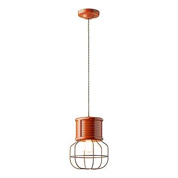 Lampadario Industrial Ferro E Ceramica Con Rete Vintage Arancio 1 Luce E27
