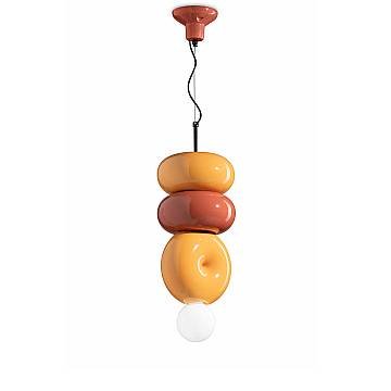 Sospensione Vintage Decò Bumbum 2+1 Elementi Ceramica Gialla Arancio 1 Luce E27