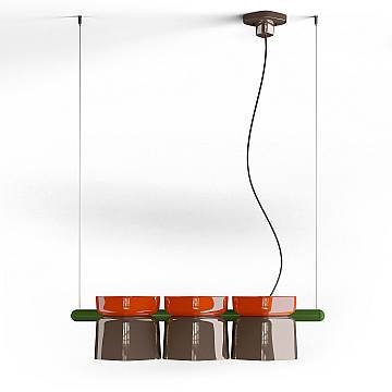 Lampadario Decò Yakitori Ceramica Arancio Volpe Moka Metallo Verde 3 Luci E27