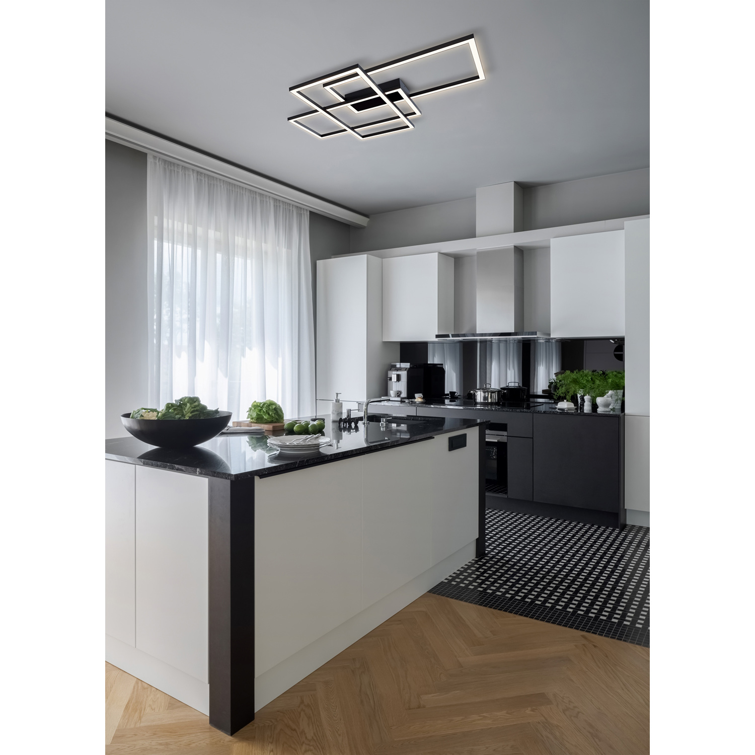 Lampadario A Sospensione Moderno Line Metallo Nero Acrilico 3 Luci Led 80W MOD015CL-L80B