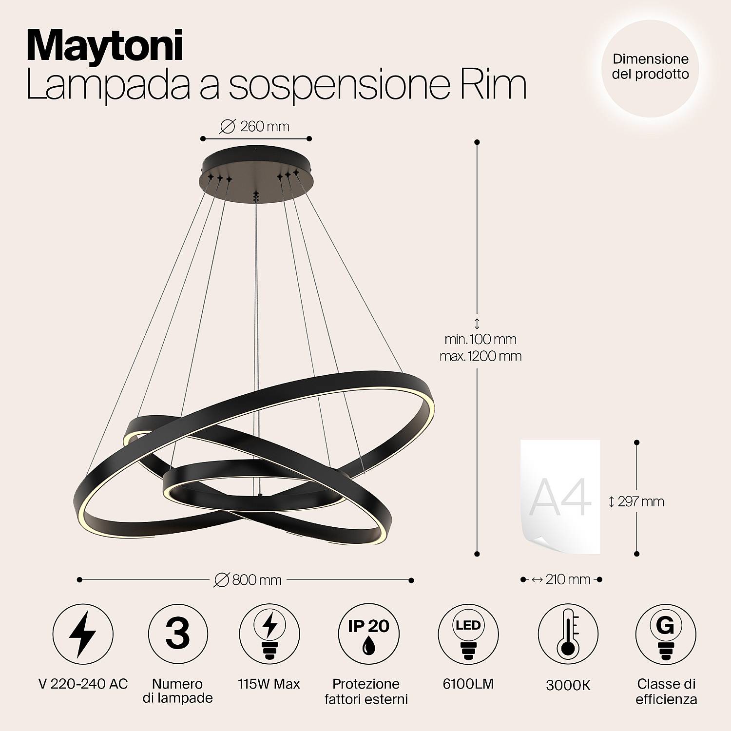 Lampadario A Sospensione Moderno Rim Alluminio Nero Luce Led 115W MOD058PL-L100B3K