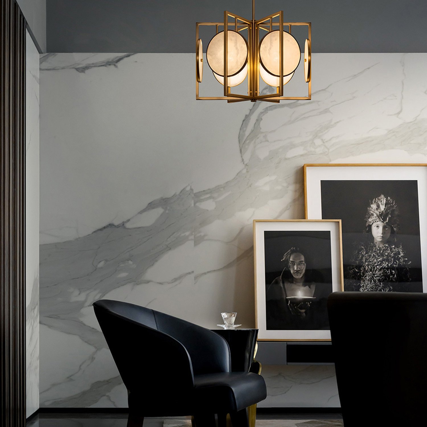 Lampadario Contemporaneo Marmo Metallo Oro 6 Luci Diffusori Bianchi MOD099PL-06G