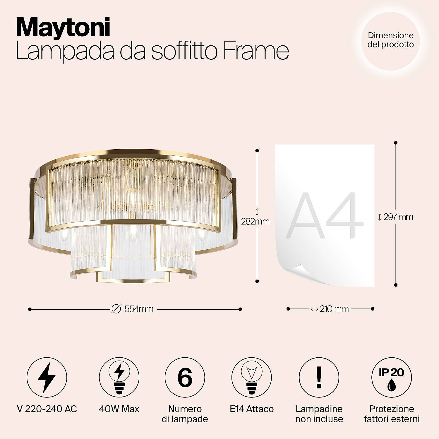 Plafoniera Moderna Frame 6 Luci E14 60W Metallo Oro Ip20 MOD174CL-06G