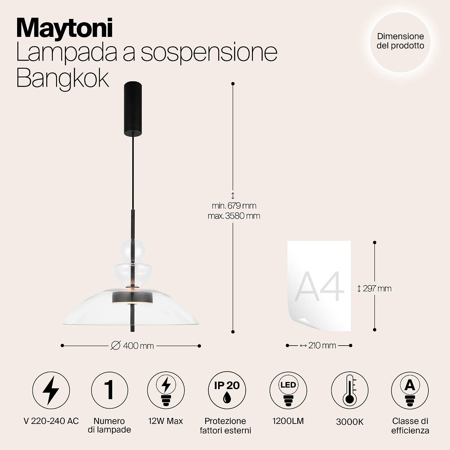Lampadario Moderno Bangkok Metallo Nero Trasparente Led 12W Ip20 3000K D40 MOD185PL-L6B3K3