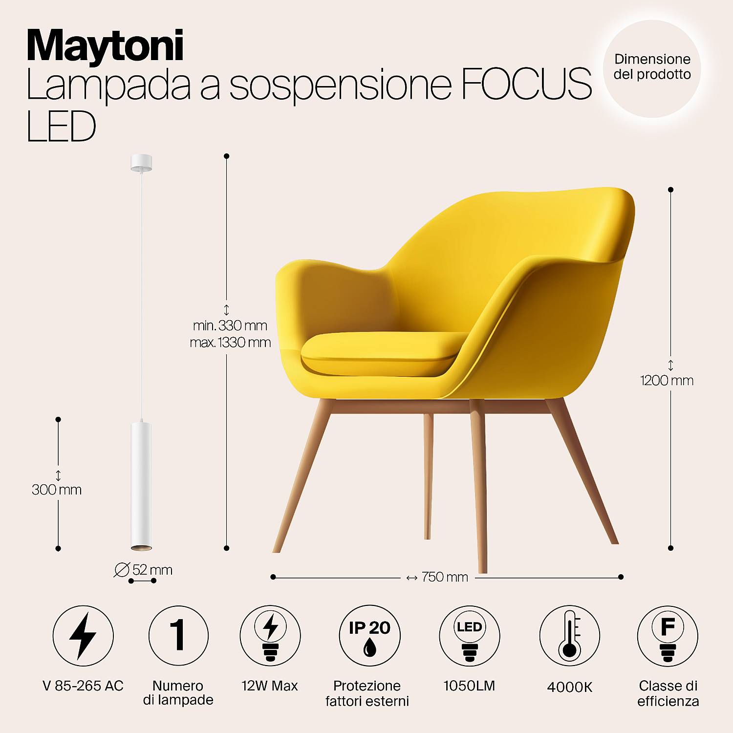 Lampadario Moderno Focus Led Alluminio Bianco Led Integrato 12W Ip20 4000K P072PL-L12W4K-1