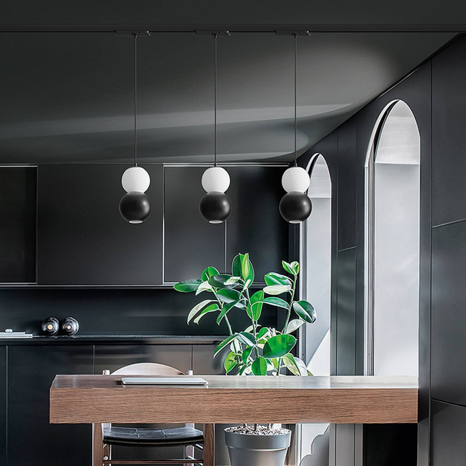 Lampadario Contemporaneo Binario Metallo Nero Vetro Bianco Led 10+10W 3000K 8108NLC