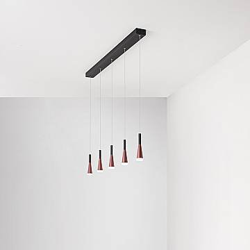 Lampadario Lineare Minimal Cone Metallo Oro Acrilico Nero 5 Luci Led 7W 3000K
