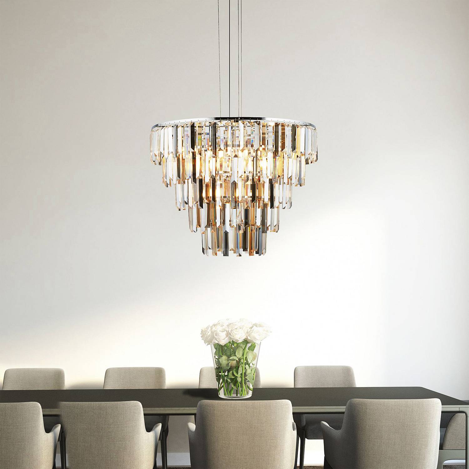 Lampadario Classico Clarissa Acciaio Cromo Vetro Ambra 9 Luci E14 1229-9CC