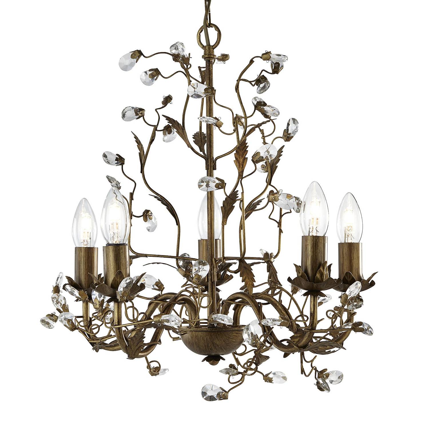 Lampadario Classico Almandita Acciaio Marrone Vetro Oro 5 Luci E14 2495-5BR