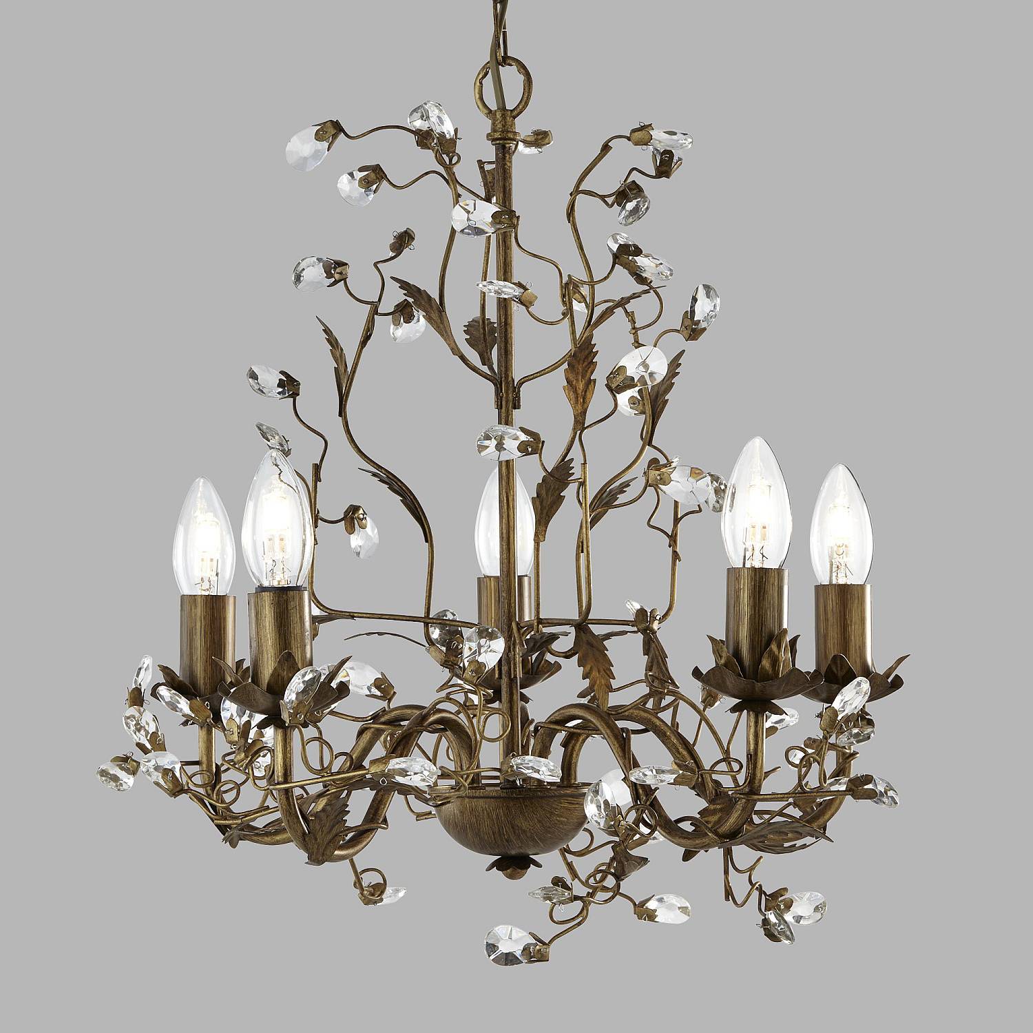 Lampadario Classico Almandita Acciaio Marrone Vetro Oro 5 Luci E14 2495-5BR