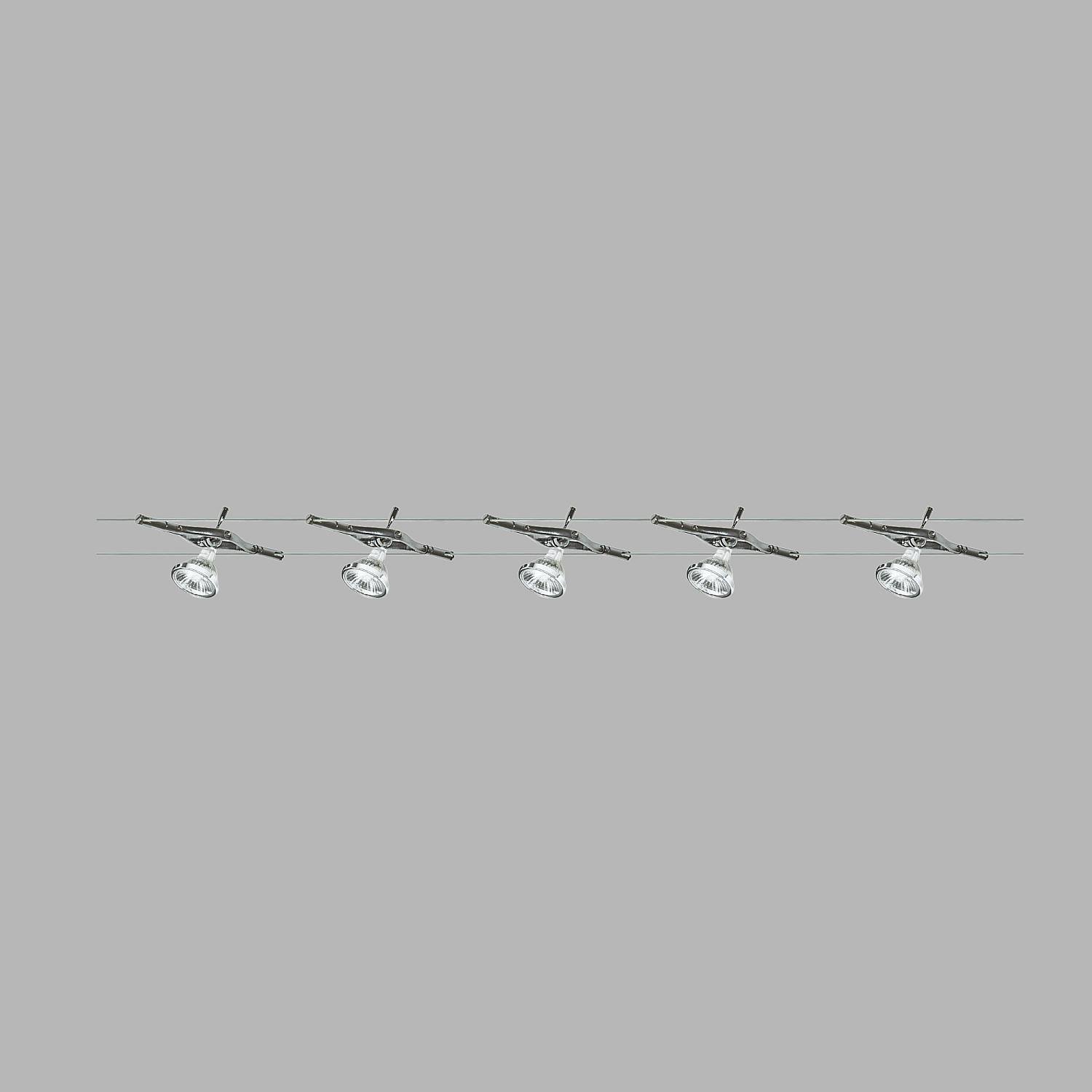 Plafoniera Contemp Cavo Acciaio Cromo Policarbonato Argento 5 Luci Gu5.3 5X5W 5098-05-LED