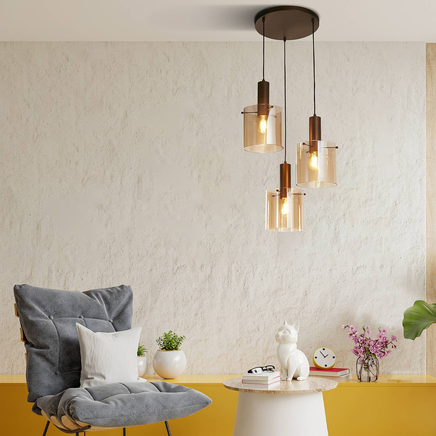 Lampadario Contemporaneo Svezia Acciaio Marrone Vetro 3 Luci E27 88910-3MO