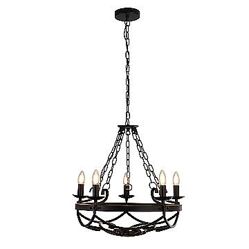 Lampadario Rustico-Country Cartwheel Iii Acciaio Nero 5 Luci E14