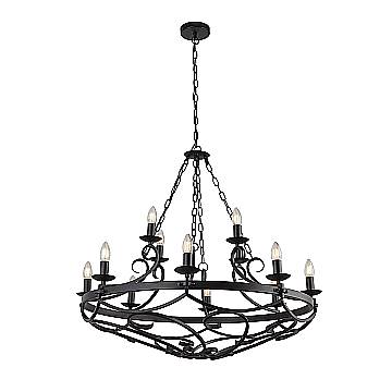 Lampadario Rustico-Country Cartwheel Iii Acciaio Nero 12 Luci E14