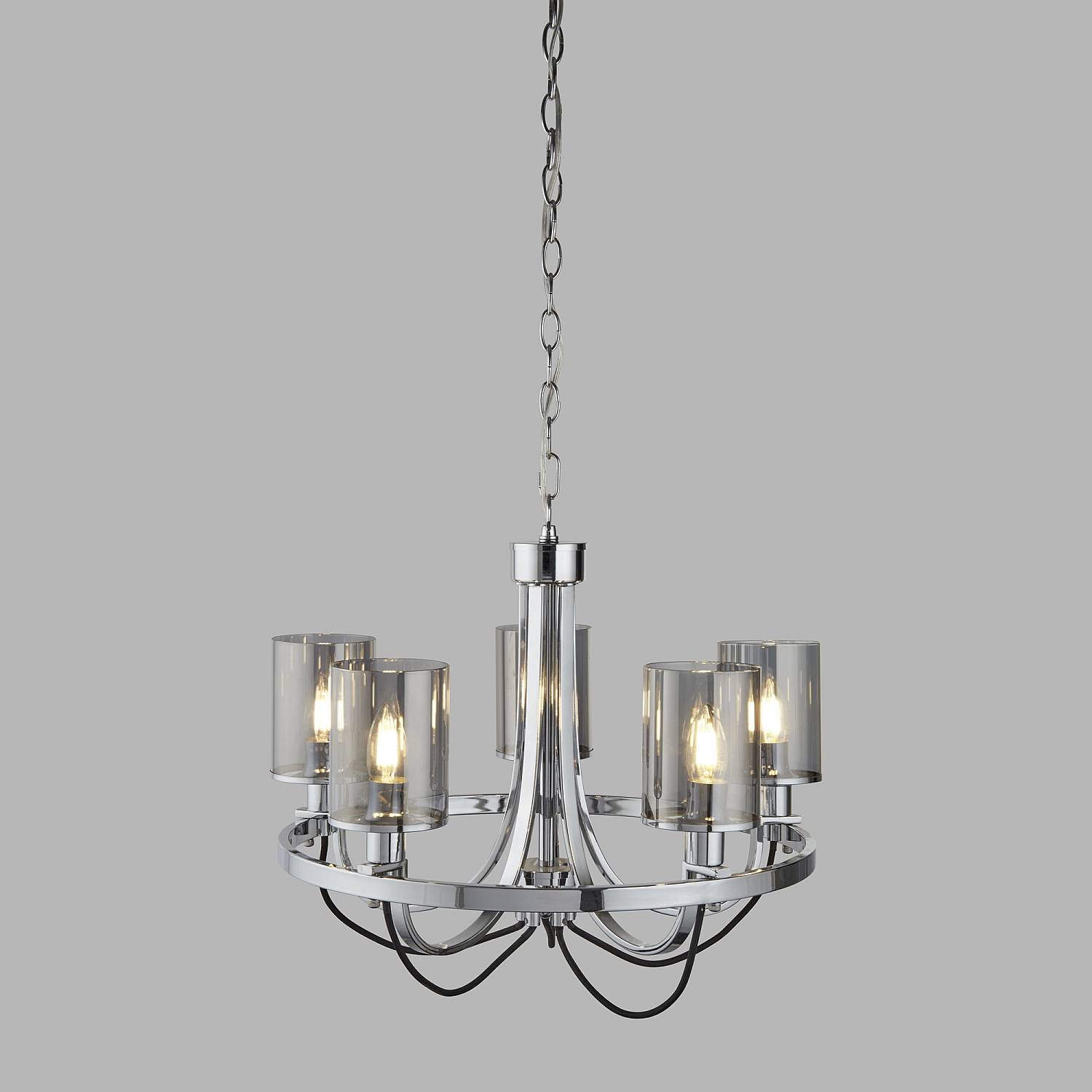 Lampadario Contemporaneo Catalina Acciaio Cromo Vetro Fumè 5 Luci E14 9045-5CC