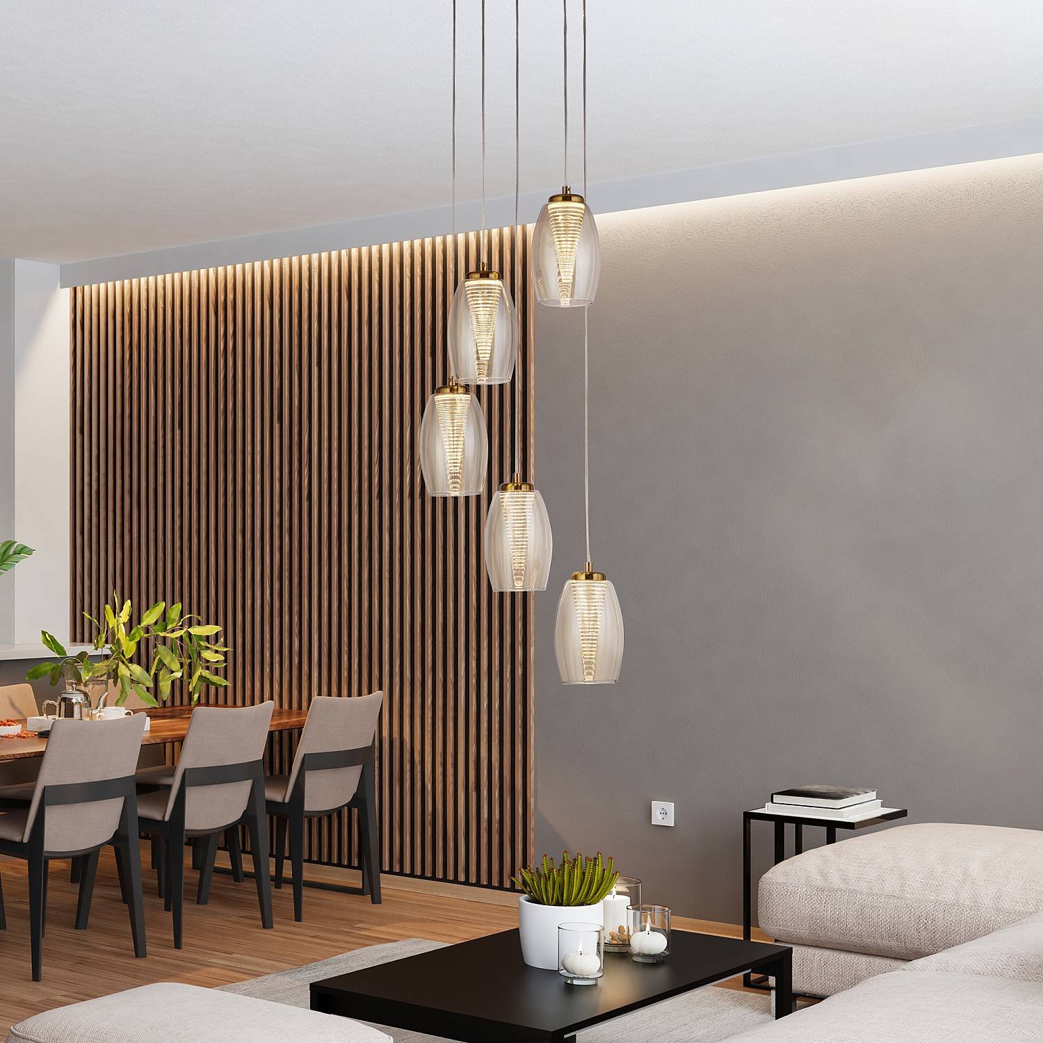 Lampadario Contemporaneo Ciclon Acciaio Bronzo Vetro Led 5,4W 3000K 97291-5CP