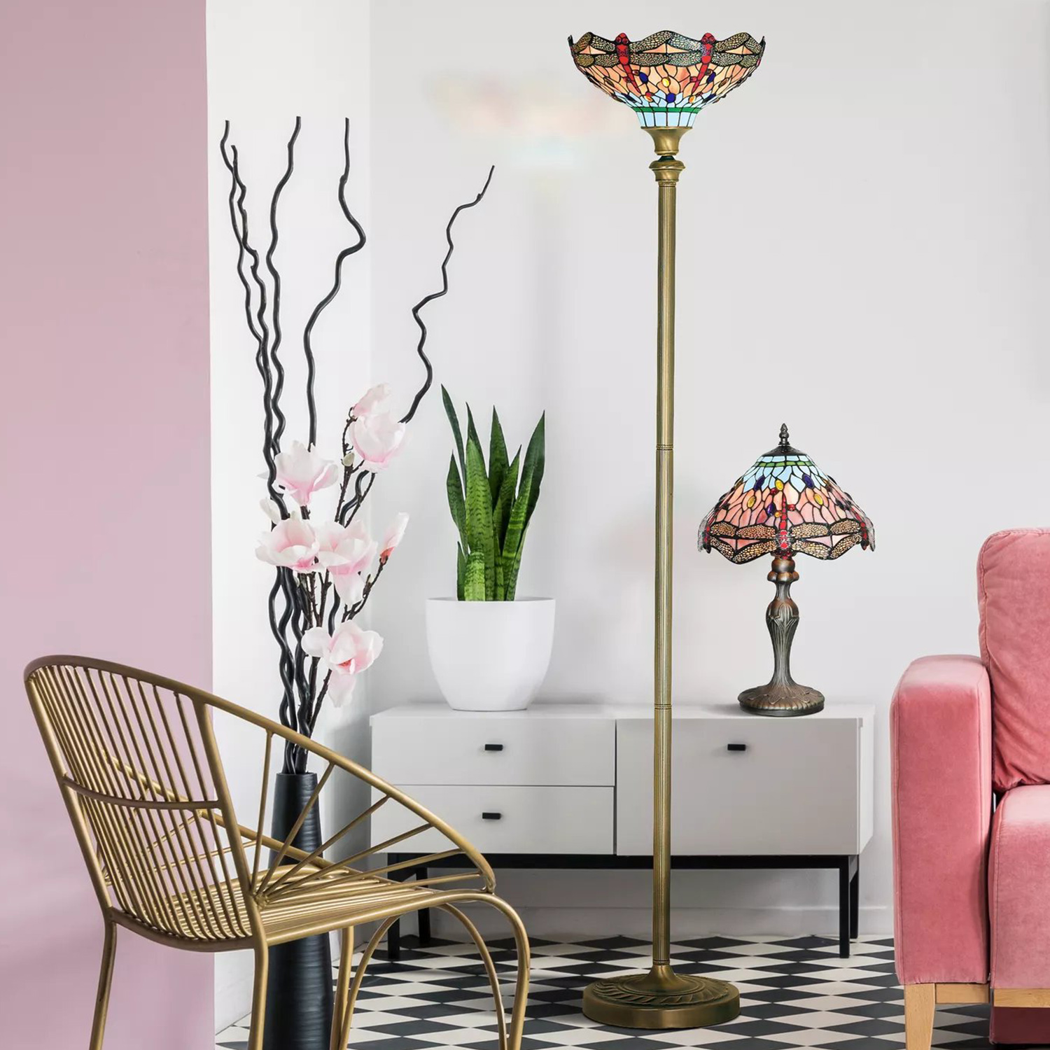 Piantana Tiffany Libellula Acciaio Ottone Multicolor 1 Luce E27 UE1285