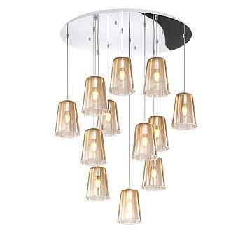 Sospensione Contemp. Rosone Tondo Shaded Metallo Cromo Vetro Ambra 12 Luci E27 Sospensione Contemp. Rosone Tondo Shaded Metallo Cromo Vetro Ambra 12 Luci E27