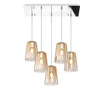 Sospensione Contemporanea Rett. Shaded Metallo Cromo Vetro Ambra 5 Luci E27 Sospensione Contemporanea Rett. Shaded Metallo Cromo Vetro Ambra 5 Luci E27