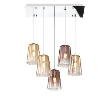 Sospensione Contemp. Rett. Shaded Metallo Cromo Vetro Ambra E Rame 5 Luci E27 Sospensione Contemp. Rett. Shaded Metallo Cromo Vetro Ambra E Rame 5 Luci E27