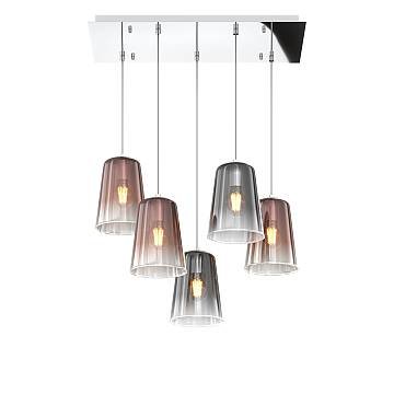Sospensione Contemp. Rett. Shaded Metallo Cromo Vetro Rame E Cromo 5 Luci E27 Sospensione Contemp. Rett. Shaded Metallo Cromo Vetro Rame E Cromo 5 Luci E27