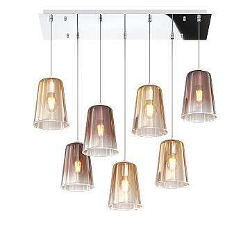 Sospensione Contemp. Rett. Shaded Metallo Cromo Vetro Ambra E Rame 7 Luci E27 Sospensione Contemp. Rett. Shaded Metallo Cromo Vetro Ambra E Rame 7 Luci E27