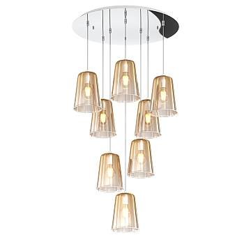 Sospensione Contemp. Rosone Tondo Shaded Metallo Cromo Vetro Ambra 8 Luci E27 Sospensione Contemp. Rosone Tondo Shaded Metallo Cromo Vetro Ambra 8 Luci E27
