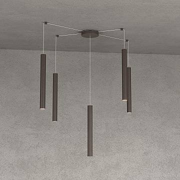 Sospensione Moderna Round Tube Metallo Marrone 5 Luci Gu10 Sospensione Moderna Round Tube Metallo Marrone 5 Luci Gu10
