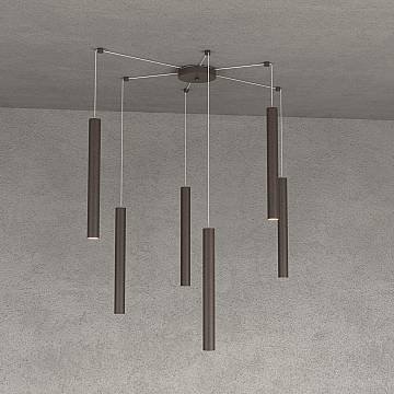 Sospensione Moderna Round Tube Metallo Marrone 6 Luci Gu10 Sospensione Moderna Round Tube Metallo Marrone 6 Luci Gu10