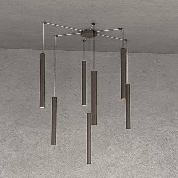 Sospensione Moderna Round Tube Metallo Marrone 7 Luci Gu10 Sospensione Moderna Round Tube Metallo Marrone 7 Luci Gu10