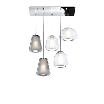 Sospensione Contemp Rett Double Skin Metallo Cromo Vetro Mix Trasp Fumè 5 Luci