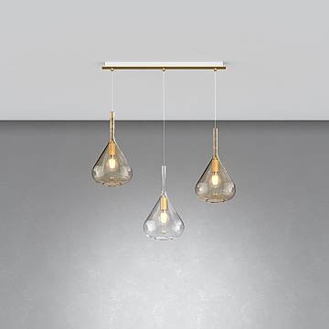 Sospensione Contemp Rett Kona Metallo Ottone Satinato Vetro Ambra 3 Luci E27