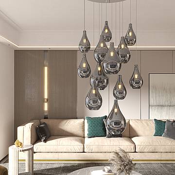 Lampadario Tondo Contemporaneo Drop 2.0 Metallo Cromo Vetro Fumè 12 Luci E27 Lampadario Tondo Contemporaneo Drop 2.0 Metallo Cromo Vetro Fumè 12 Luci E27