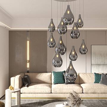 Lampadario Contemporaneo Drop 2.0 Metallo Cromo Vetro Fumè 12 Luci E27 Lampadario Contemporaneo Drop 2.0 Metallo Cromo Vetro Fumè 12 Luci E27