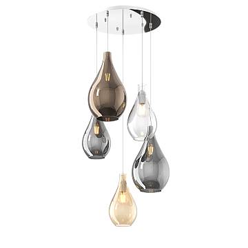 Lampadario Tondo Contemp Drop 2.0 Metallo Cromo Vetro Multicolor 5 Luci E27 Lampadario Tondo Contemp Drop 2.0 Metallo Cromo Vetro Multicolor 5 Luci E27