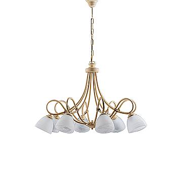 Lampadario 8 Luci Dallas Ferro Battuto Avorio Decapè Vetro Bianco