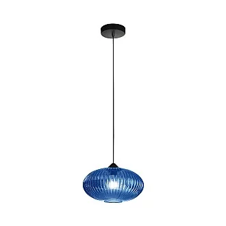 Sospensione Ovale Moderna Plisse Azzurra 1 Luce E27 In Vetro Rigato