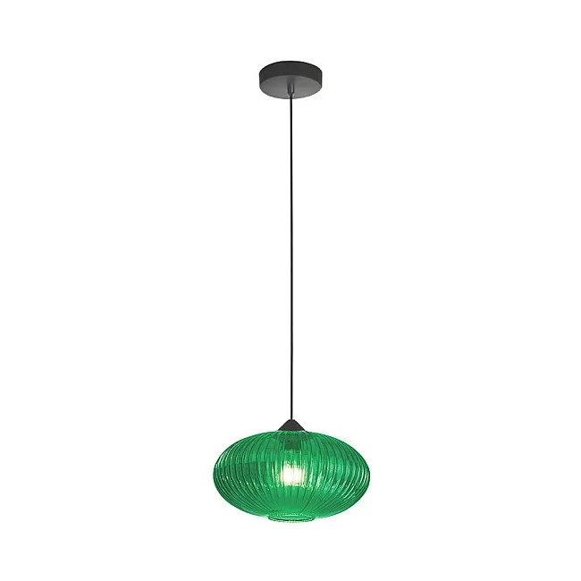 Be Light-Sospensione Ovale Moderna Plisse Verde 1 Luce E27 In Vetro Rigato-BL246-S1-VR-