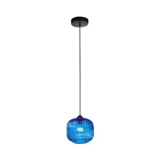 Sospensione Ovale Alta Moderna Plisse Azzurra 1 Luce E27 In Vetro Rigato