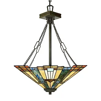 Lampadario Tiffany Inglenook Metallo Bronzo Valiant Piramide 3 Luci E27