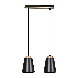 Lampadario 2 Luci Bolero Con Paralumi A Cono In Acciaio Nero E Legno Naturale