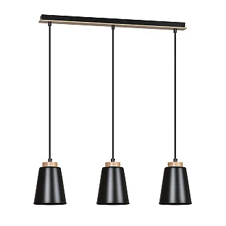 Lampadario 3 Luci Bolero Con Paralumi A Cono In Acciaio Nero E Legno Naturale