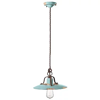 Lampadario Vintage Country Ferro E Ceramica Azzurro 1 Luce E27 30Cm