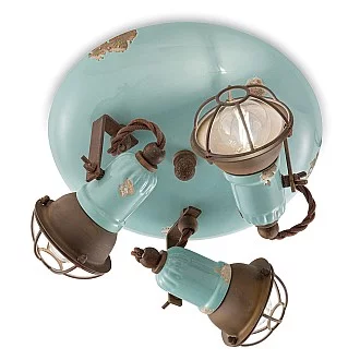 Plafoniera Vintage Loft Ferro E Ceramica Con Rete Azzurro 3 Luci E14