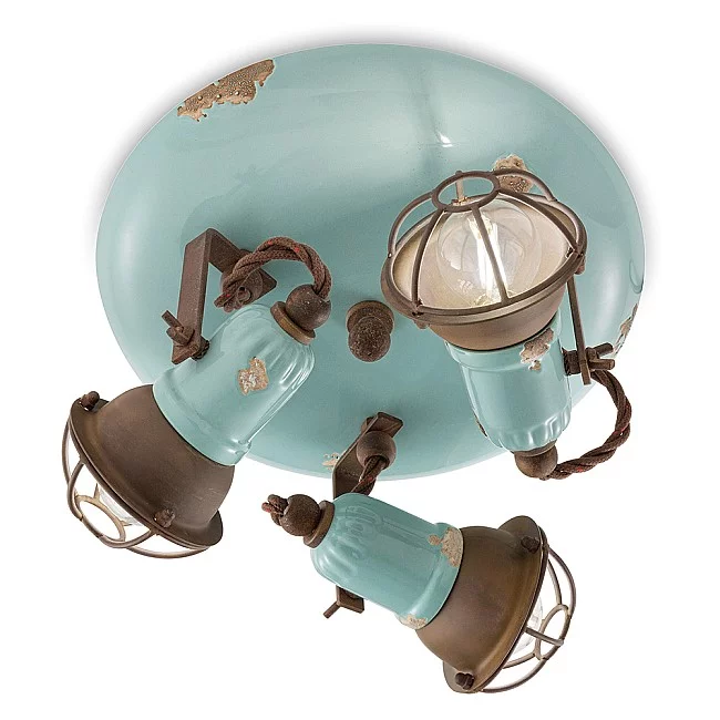 Ferroluce-Plafoniera Vintage Loft Ferro E Ceramica Con Rete Azzurro 3 Luci E14-C1679-1-VIA-8056772561746