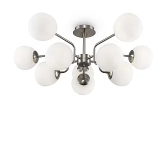 Lampadario Sospensione Erich Metallo Nichel 10 Luci E Diffusori Bianchi