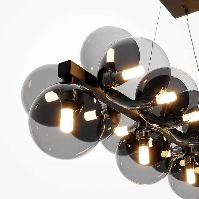 Lampadario Contemporaneo Dallas Metallo Nero 25 Luci Diffusori Vetro Nero Specchiato