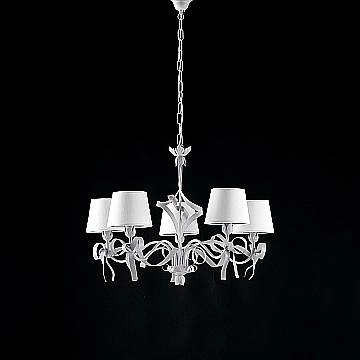 Lampadario Shabby Chic Lucy Bianco 5 Luci Paralumi Bianchi
